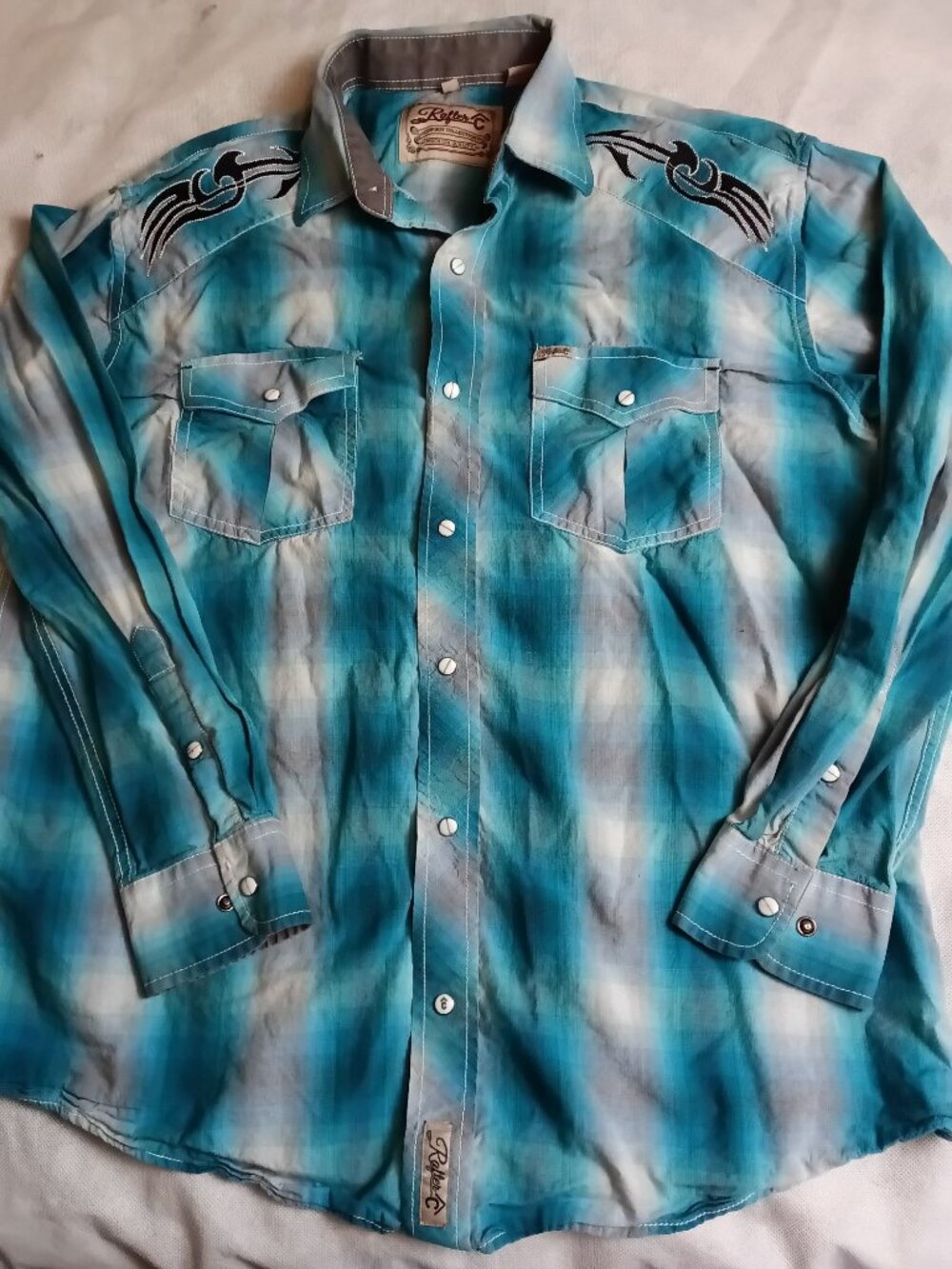 Rafter C Cowboy Collection Mens Large L Blue Plaid Western Snap Long Sleeve Shir